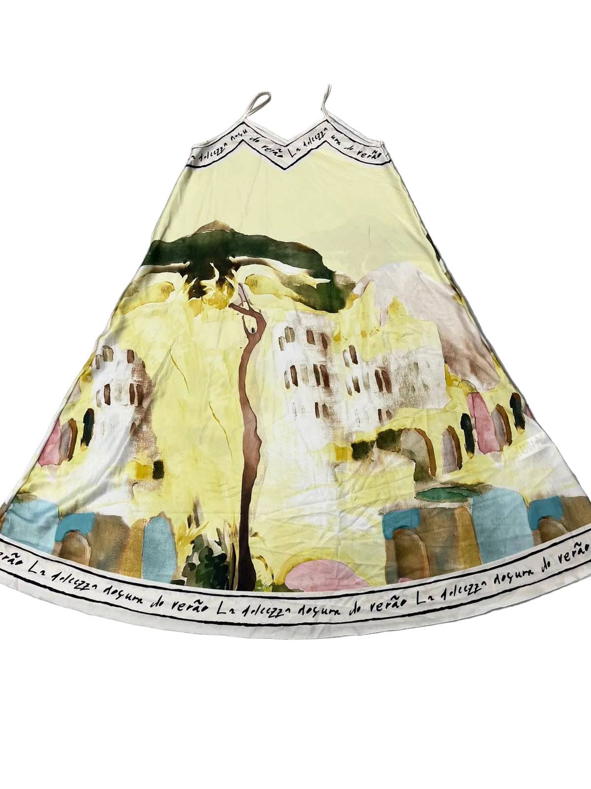 S/M Italian Watercolour Print Silk Maxi Dress - Butter Yellow