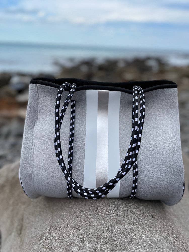Nakoa The Label - Neoprene Bag - Vegan Tote - 2 Piece Set - Stripe - Grey & Silver