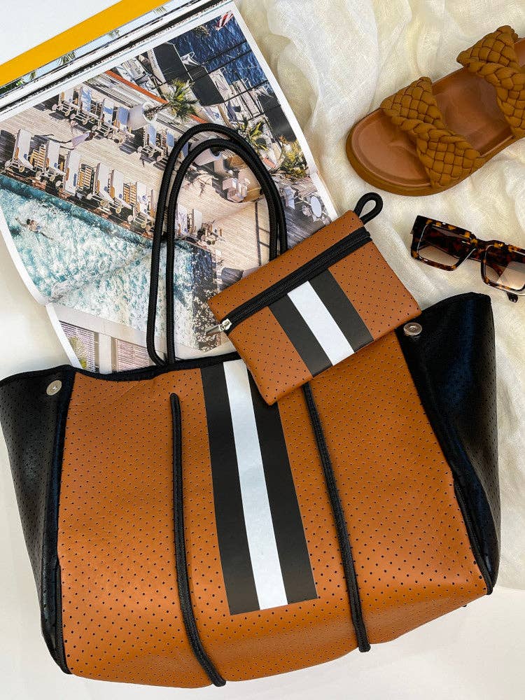 Nakoa The Label - Neoprene Bag - Vegan Tote - 2 Piece Set - Stripe - Tan & Black