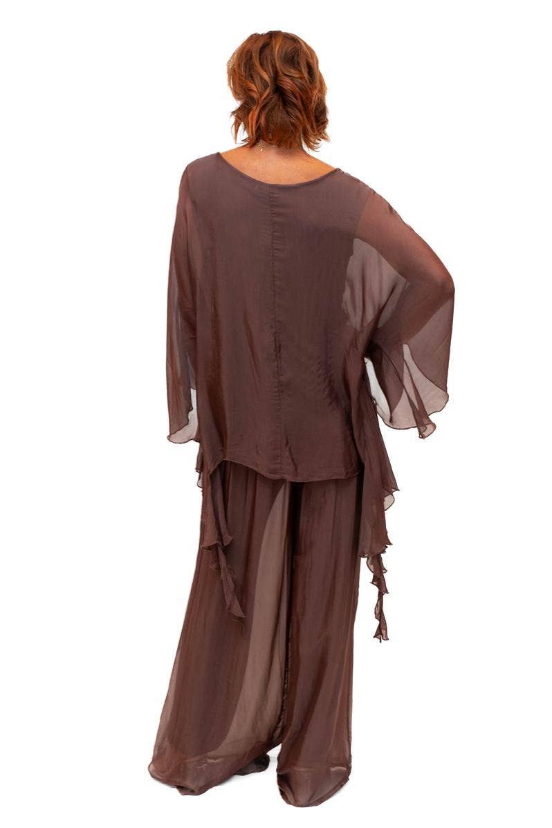 The Italian Closet - Adeline Pant- Choc- Silk pant with open hem and soft band