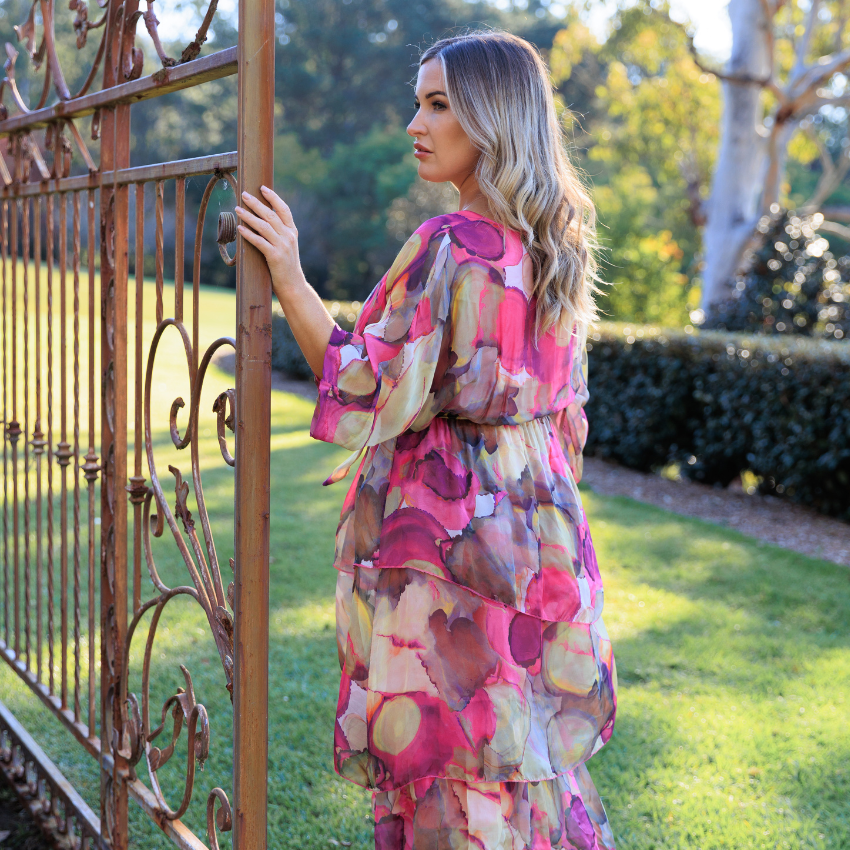 VeraMay - 6171 Pink Vera May Italian Silk Floral Dress - L