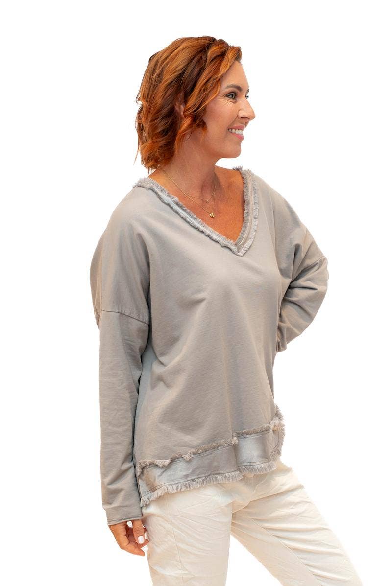 The Italian Closet - Baker- Taupe V Neck Fray Trim Satin hem cotton L/S Top