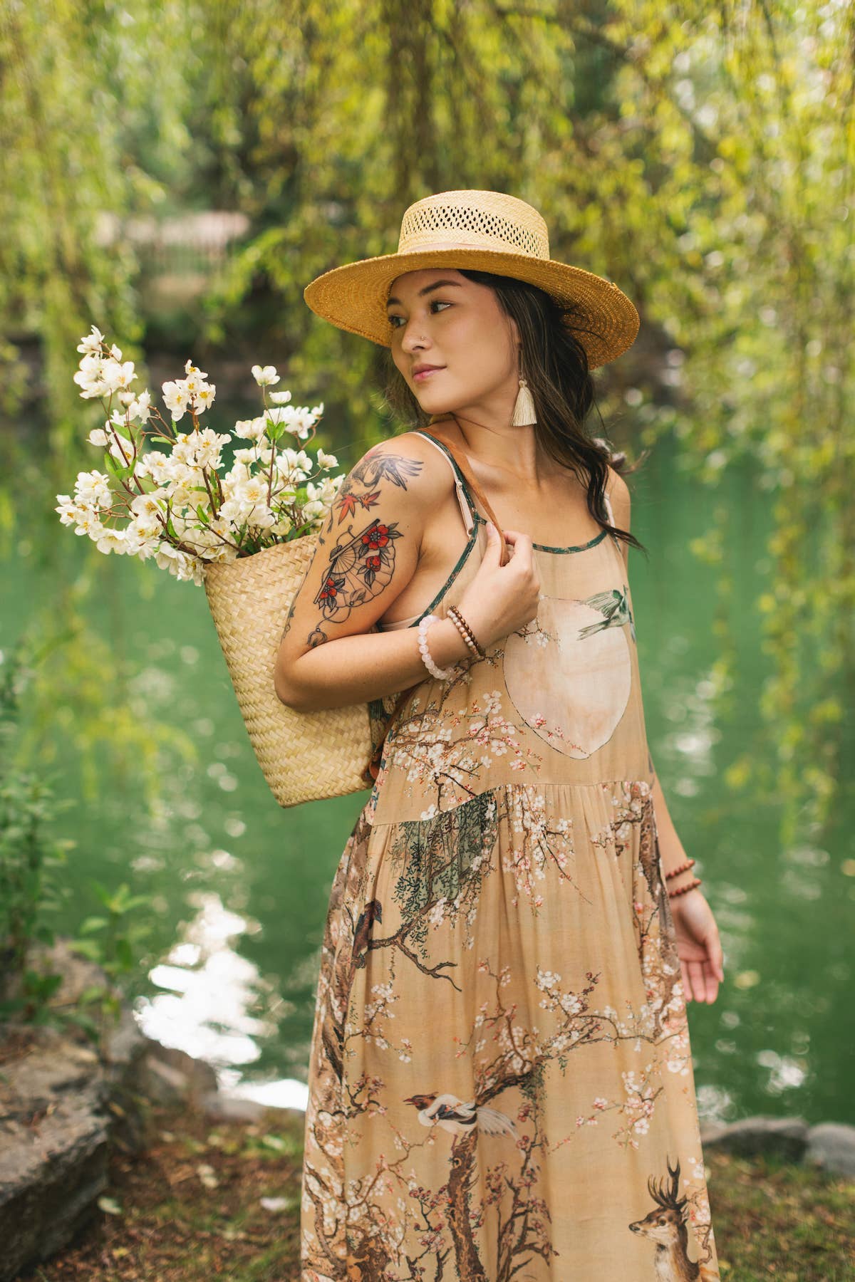 Fable Bohéme Long Maxi Slip Dress w/ Blossoms, Deer & Moon