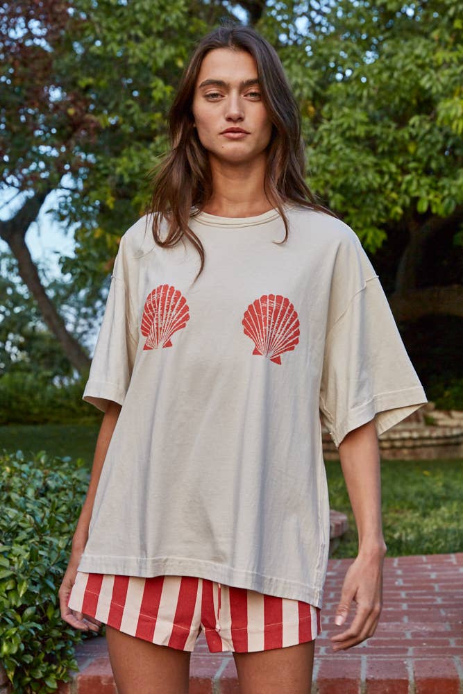 Graphic Shell Print Crew Oversized Tee - Light Taupe