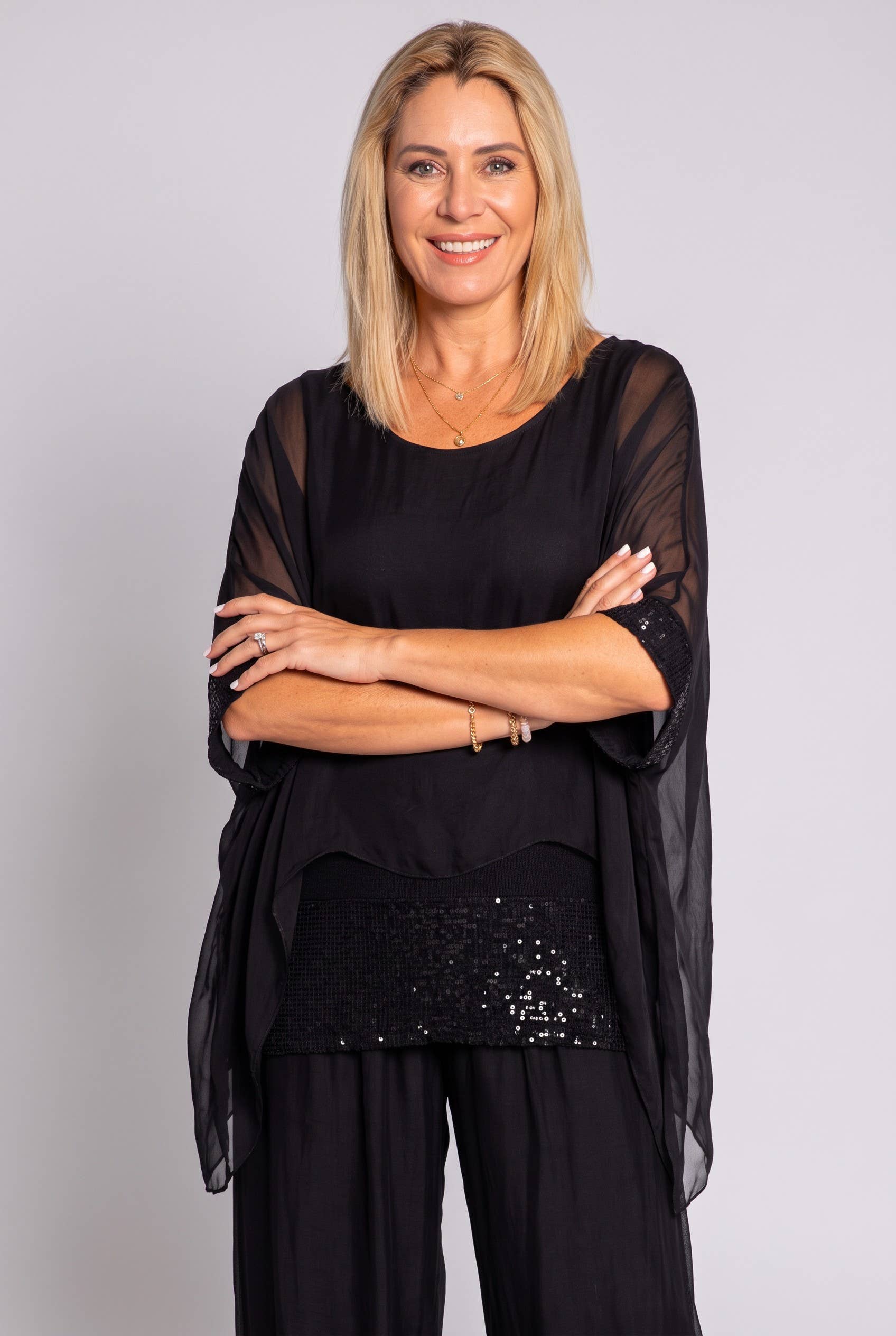 The Italian Closet - Elvera- Black- Silk tunic with sequin panel