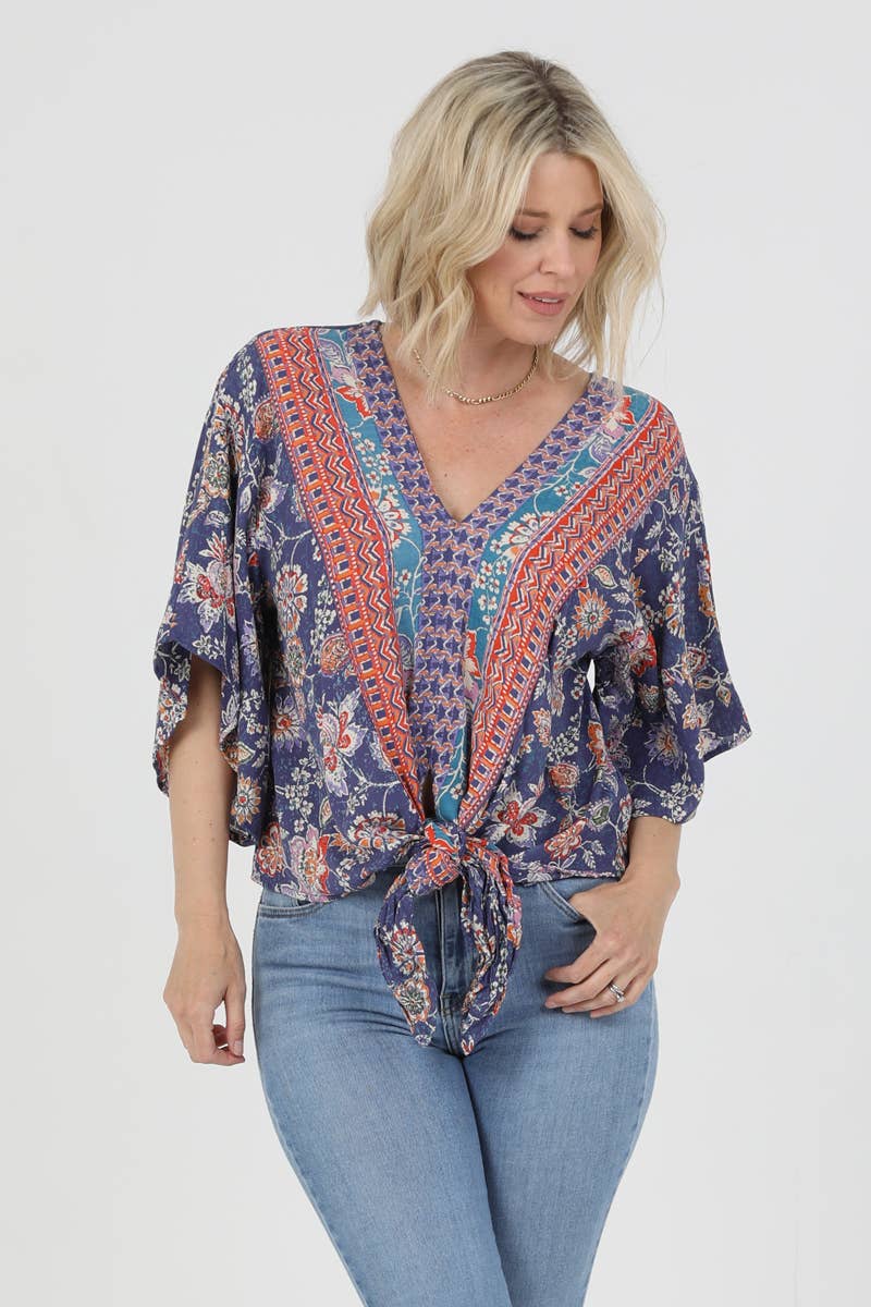 Nostalgia - N2Q81-FQ39 V NECK TIE WAIST KIMONO SLEEVE BLOUSE - M