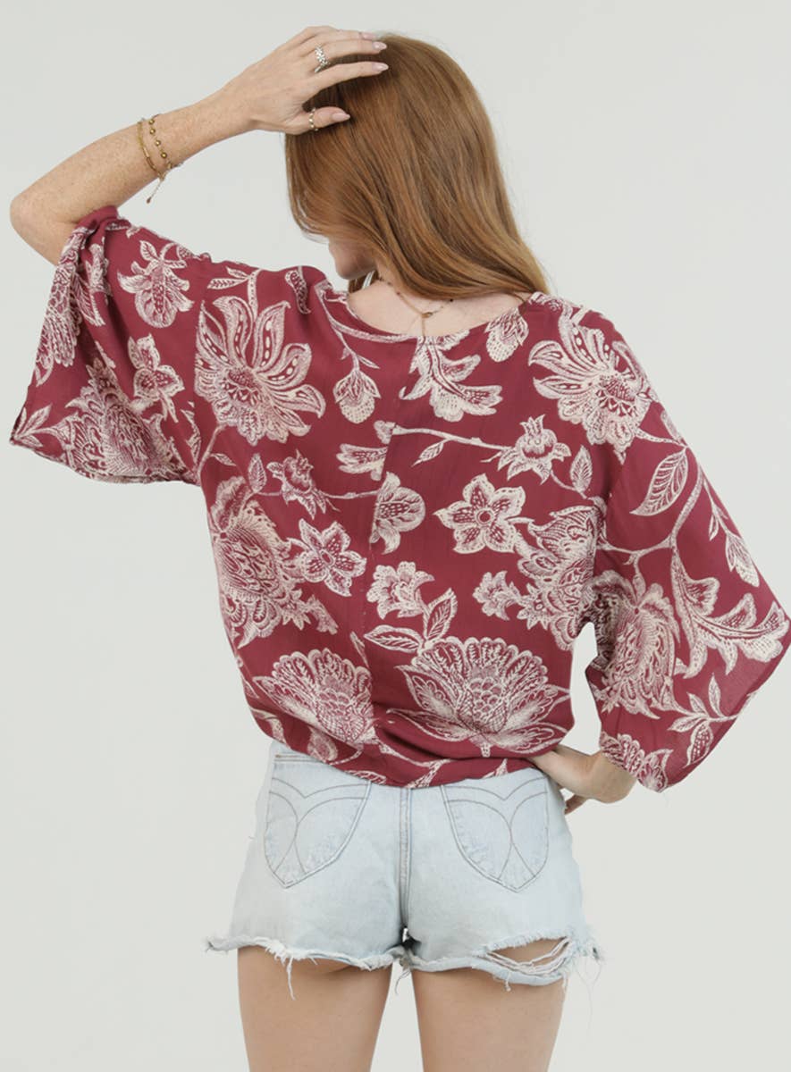 Nostalgia - N2Q81-A954 V-NECK TIE FRONT SHORT SLEEVE TOP - WINE / XL
