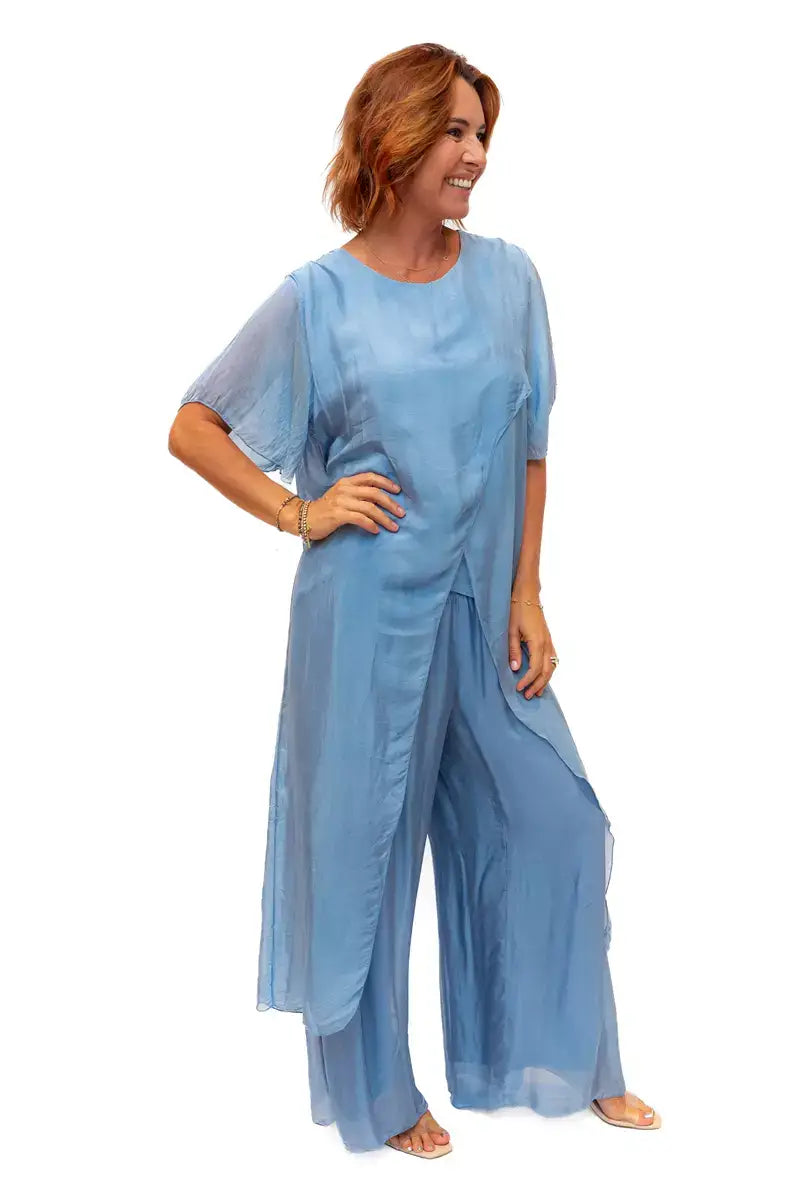 The Italian Closet - Avida- Denim-short sleeved side drape silk top