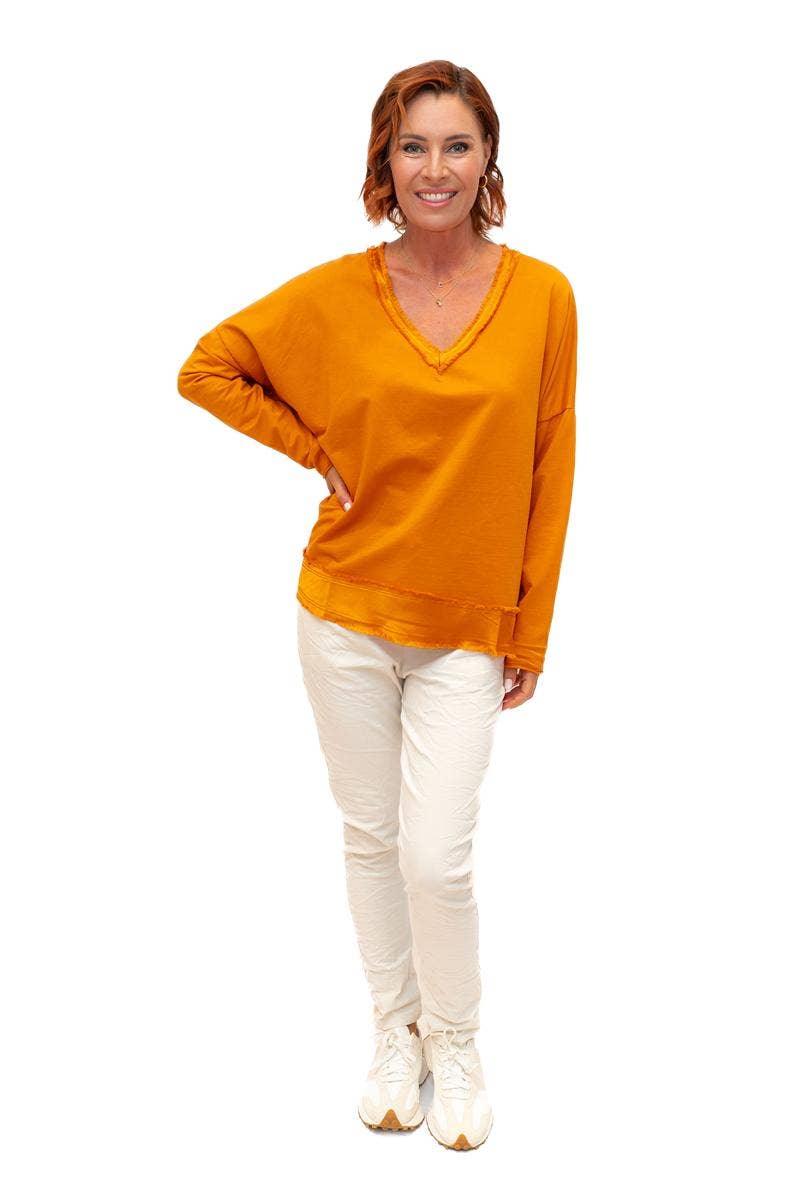 The Italian Closet - Baker- Tangerine V Neck Fray Trim Satin hem cotton L/S Top