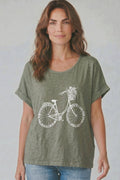 The Italian Closet - Cicli- Khaki- Linen front cotton top with bicycle print
