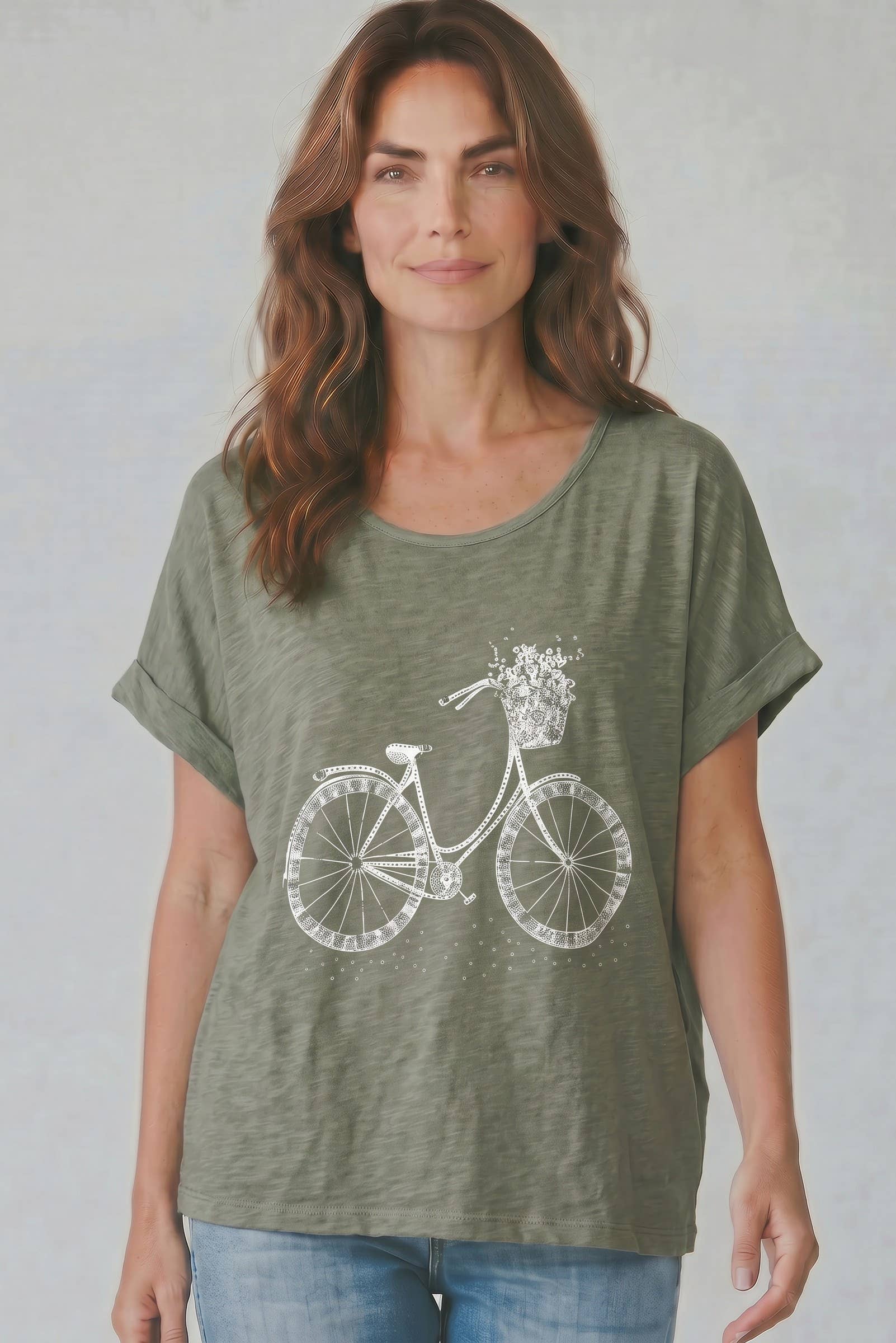 The Italian Closet - Cicli- Khaki- Linen front cotton top with bicycle print