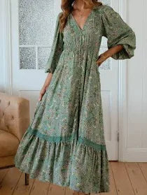 Sagewood Print L/S Carmen Maxi Dress