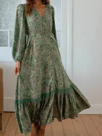 Sagewood Print L/S Carmen Maxi Dress